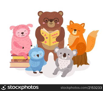 Cute animals reading. Wild animal read books, funny bear holding book. School study, library child characters. Literature exact vector. Illustration character animal, funny reading bear and fox. Cute animals reading. Wild animal read books, funny bear holding book. School study, library child characters. Literature exact vector concept