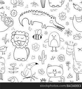 Cute Animals Seamless Pattern, Cartoon Hand Drawn Animal Doodles Vector Illustration.. Cute Animals Seamless Pattern, Cartoon Hand Drawn Animal Doodles Vector Illustration