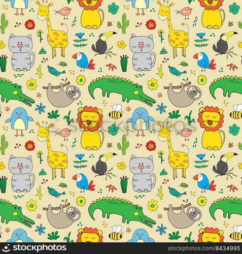 Cute Animals Seamless Pattern, Cartoon Hand Drawn Animal Doodles Vector Illustration.. Cute Animals Seamless Pattern, Cartoon Hand Drawn Animal Doodles Vector Illustration