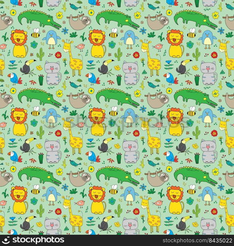 Cute Animals Seamless Pattern, Cartoon Hand Drawn Animal Doodles Vector Illustration.. Cute Animals Seamless Pattern, Cartoon Hand Drawn Animal Doodles Vector Illustration