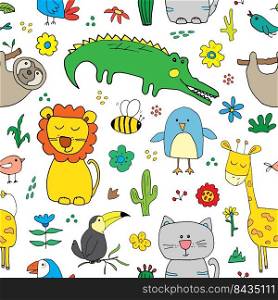 Cute Animals Seamless Pattern, Cartoon Hand Drawn Animal Doodles Vector Illustration.. Cute Animals Seamless Pattern, Cartoon Hand Drawn Animal Doodles Vector Illustration