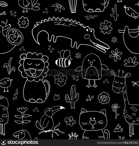 Cute Animals Seamless Pattern, Cartoon Hand Drawn Animal Doodles Vector Illustration.. Cute Animals Seamless Pattern, Cartoon Hand Drawn Animal Doodles Vector Illustration