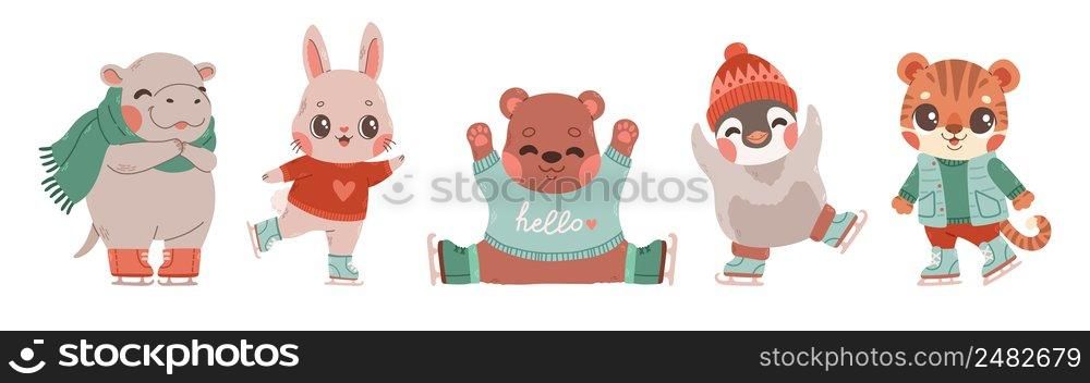 Cute animals set ice skating isolated. Hippo, rabbit, bear, penguin, tiger. Sport and leisure concept illustration. Vector illustration