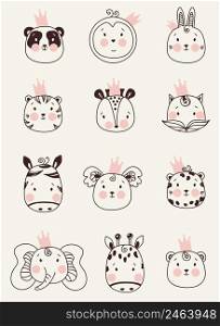 Cute animals. set of decorative portraits of animals in crowns - rabbit and panda, penguin and tiger, zebra and koala, elephant and giraffe, fox and cheetah. Vector Outline drawing. Scandinavian style