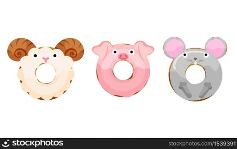 Cute animals sheep, pig, mouse donuts set isolated on white vector illustration. Cute cartoon characters.