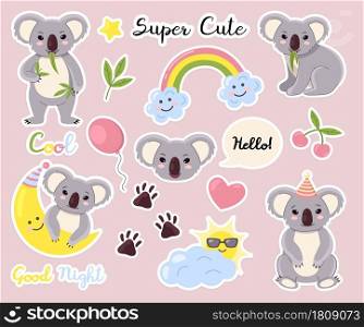 Cute animals stickers. Fauna labels, cute fluffy little bears, koalas characters, kids weather elements, rainbow and sun behind cloud, mini bears faces. Adorable mascot collection vector isolated set. Cute animals stickers. Fauna labels, cute fluffy little bears, koalas characters, kids weather elements, rainbow and sun behind cloud, mini bears faces. Adorable mascot vector isolated set