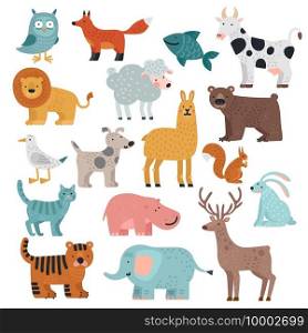 Cute animals. Tiger, owl and bear, elephant and lion, llama and deer, hare and dog, squirrel wild and farm cartoon animal vector set. Dog and hare, llama and gull, cat and deer illustration. Cute animals. Tiger, owl and bear, elephant and lion, llama and deer, hare and dog, squirrel wild and farm cartoon animal vector set