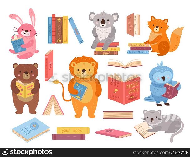 Cute animals with books. Animal read, book stacks. School study characters, bird rabbit bear in library. Children education exact vector set. Funny personage, fox and cat, rabbit and owl. Cute animals with books. Animal read, book stacks. School study characters, bird rabbit bear in library. Children education exact vector set
