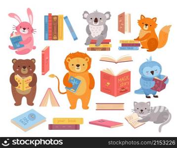 Cute animals with books. Animal read, book stacks. School study characters, bird rabbit bear in library. Children education exact vector set. Funny personage, fox and cat, rabbit and owl. Cute animals with books. Animal read, book stacks. School study characters, bird rabbit bear in library. Children education exact vector set