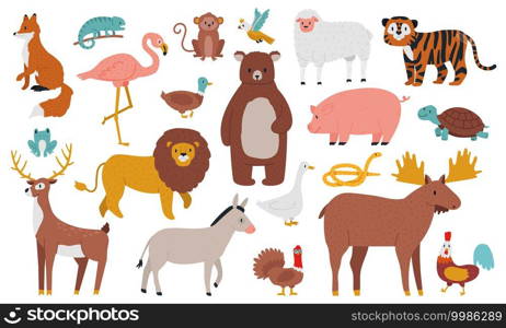 Cute animals. Wood, farm and jungle animals, fox, lion, bear, elk, deer, tiger and ship. Wild forest fauna animals cartoon vector illustration set. Deer and fox, snake and elk, duck and turtle. Cute animals. Wood, farm and jungle animals, fox, lion, bear, elk, deer, tiger and ship. Wild forest fauna animals cartoon vector illustration set