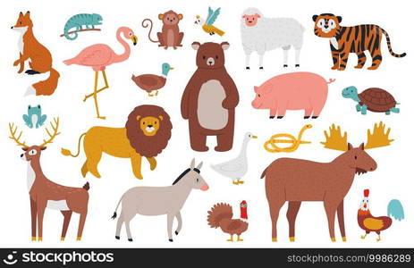 Cute animals. Wood, farm and jungle animals, fox, lion, bear, elk, deer, tiger and ship. Wild forest fauna animals cartoon vector illustration set. Deer and fox, snake and elk, duck and turtle. Cute animals. Wood, farm and jungle animals, fox, lion, bear, elk, deer, tiger and ship. Wild forest fauna animals cartoon vector illustration set