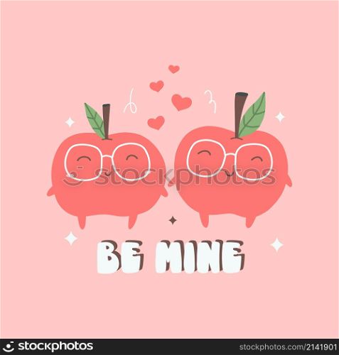 Cute apples and lettering composition for Valentine&rsquo;s Day card. Berries in love and calligraphy love phrase for February 14th. Flat vector illustration isolated on pink background.. Cute apples and lettering composition for Valentine&rsquo;s Day card. Berries in love and calligraphy love phrase for February 14th. Flat vector illustration isolated on pink background