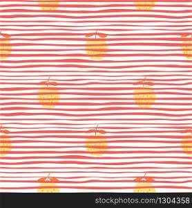 Cute apples seamless pattern on pink stripes background. Sweet fruit. Botanical print. Design for fabric, textile print, wrapping paper, children textile. Trendy vector illustration. Cute apples seamless pattern on pink stripes background. Sweet fruit.