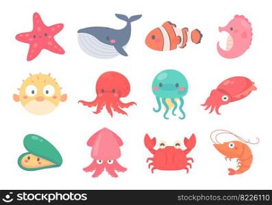 Cute aquatic creatures in the ocean. Aquatic animals for cooking seafood