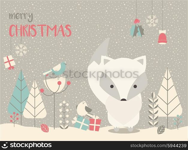 Cute Arctic Christmas baby fox surrounded with floral decoration, vector illustration