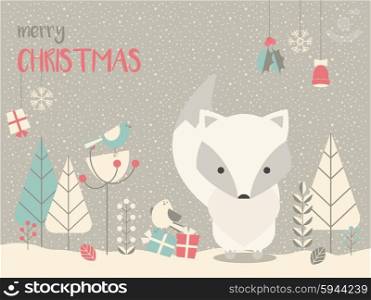 Cute Arctic Christmas baby fox surrounded with floral decoration, vector illustration