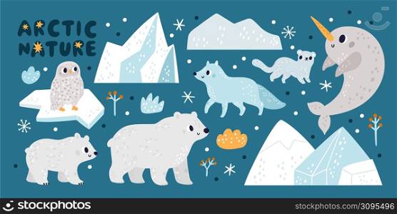 Cute arctic nature. Northern animal characters. Icebergs and ice floes. White bears with cub and fox. Owl bird. Ocean narwhal. Cold climate inhabitants. Vector cartoon funny polar wild fauna set. Cute arctic nature. Northern animal characters. Icebergs and ice floes. White bears with cub and fox. Cold climate inhabitants. Owl and ocean narwhal. Vector funny polar wild fauna set