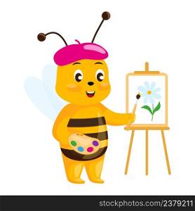 Cute artist bee isolated on white background. Smiling cartoon character painting flower. Design of funny insect sticker for showing emotion. Vector illustration. Cute artist bee isolated on white background. Smiling cartoon character painting flower.