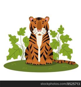 Cute asian tiger in jungle plants. Exotic animal isolated on white background. Feline childish cartoon vector illustration.