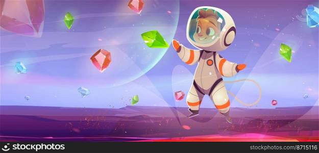 Cute astronaut collect bonus crystals on alien planet in space. Baby cosmonaut flying in weightlessness catch glowing gems on extraterrestrial landscape with glowing lava, Cartoon vector illustration. Cute astronaut on alien planet in space, cosmonaut