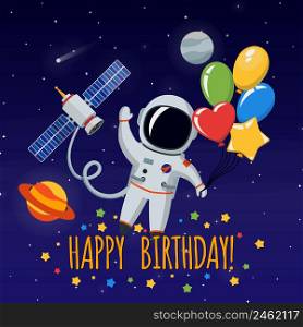 Cute astronaut in outer space. Congratulation happy birthday. Vector illustration background. Cute astronaut in outer space. Vector background