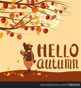 Cute autumn bear covered in fallen autumn leaves with a cup of coffee, Hello Autumn lettering, fall under apple tree. Cute autumn bear covered in fallen autumn leaves with a cup of coffee, Hello Autumn lettering, fall under apple tree. Vector, illustration isolated flat cartoon style