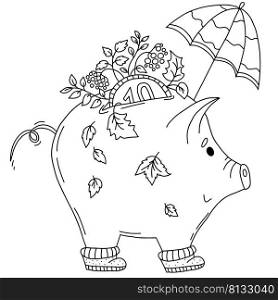 Cute autumn pig piggy bank. Vector illustration in hand doodle style. Pig piggy bank with coin under an umbrella with autumn leaves and rowan. Contour, linear sketch of character for design and decor