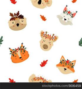 Cute autumn seamless pattern with animals in crowns. Fox, squirrel, koala, lynx, owl and giraffe. For kids prints, t shirts, greeting cards. Cute seamless pattern with autumn animals in crown