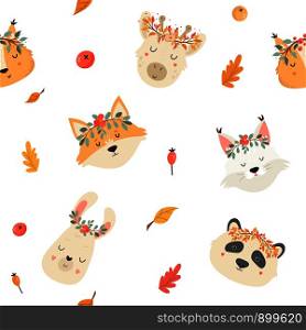 Cute autumn seamless pattern with animals in crowns. Fox, squirrel, lynx, llama, panda and giraffe. For kids prints, t shirts, greeting cards. Cute seamless pattern with autumn animals in crown