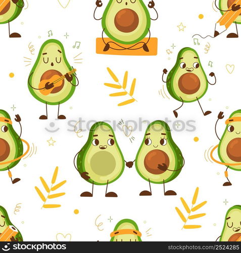 Cute avocado seamless pattern. Funny green vegetables, cartoon fruit characters, different poses and actions, yoga, couple in love, leaves on background. Decor textile, wrapping paper, vector print. Cute avocado seamless pattern. Funny green vegetables, cartoon fruit characters, different poses and actions, yoga, couple in love, leaves on background. Decor textile, vector print