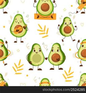 Cute avocado seamless pattern. Funny green vegetables, cartoon fruit characters, different poses and actions, yoga, couple in love, leaves on background. Decor textile, wrapping paper, vector print. Cute avocado seamless pattern. Funny green vegetables, cartoon fruit characters, different poses and actions, yoga, couple in love, leaves on background. Decor textile, vector print