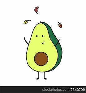 Cute avocado with eyes. Autumn sticker. Printing on clothes and notebook cover. Leaf fall.