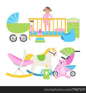 Cute babies equipment for life vector collection. Illustration of baby newborn, toddler kid in bed. Cute babies equipment for life vector collection