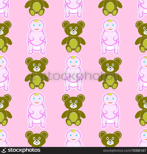 Cute Baby and Bear Seamless Pattern Isolated on Pink Background. Happy Child Kid and Toy Texture.. Cute Baby and Bear Seamless Pattern Isolated on Pink Background. Happy Child Kid and Toy Texture