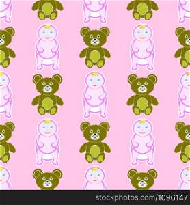 Cute Baby and Bear Seamless Pattern Isolated on Pink Background. Happy Child Kid and Toy Texture.. Cute Baby and Bear Seamless Pattern Isolated on Pink Background. Happy Child Kid and Toy Texture