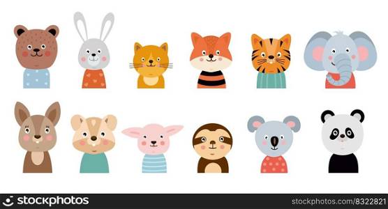 Cute baby animal face, kid zoo and wildlife, characters. Elephant, cat and koala heads, nursery wall art, birthday friend posters, child cards. Vector cartoon flat style isolated illustration set. Cute baby animal face, kid zoo and wildlife, characters. Elephant, cat and koala heads, nursery wall art, birthday friend posters, child cards. Vector cartoon flat illustration set