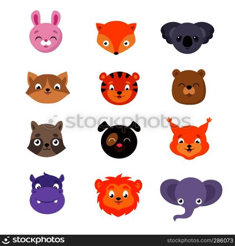 Cute baby animal faces vector set. Heads animal character dog and squirrel, hippopotamus and elephant illustration. Cute baby animal faces vector set