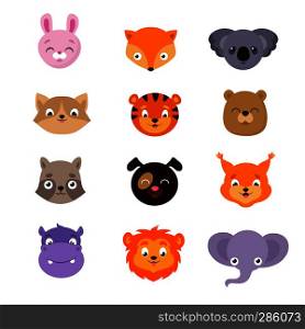 Cute baby animal faces vector set. Heads animal character dog and squirrel, hippopotamus and elephant illustration. Cute baby animal faces vector set