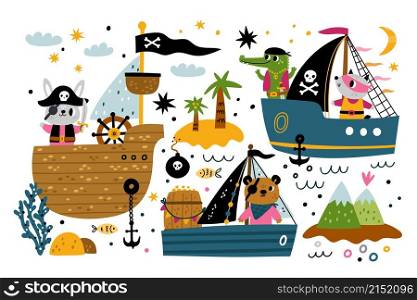 Cute baby animals boats. Kids sea and ocean water transport with funny cartoon characters. Nautical pirates with skulls and sabers. Marine sailing ship and corsair capitals. Vector filibusters set. Cute baby animals boats. Kids sea and ocean transport with funny cartoon characters. Nautical pirates with skulls and sabers. Sailing ship and corsair capitals. Vector filibusters set