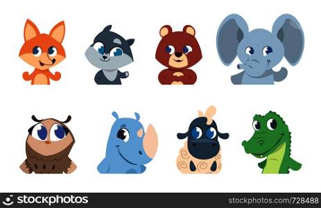 Cute baby animals. Cartoon pet and wild forest animal faces, funny character for greeting cards and invitation flyers. Vector isolated illustrations sketch set. Cute baby animals. Cartoon pet and wild forest animal faces, funny character for greeting cards and invitation flyers. Vector set