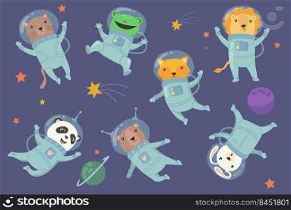 Cute baby animals in space flat set for web design. Cartoon cat, frog, fox, panda, rabbit and lion in cosmonaut costumes isolated vector illustration collection. Fun and adventure concept