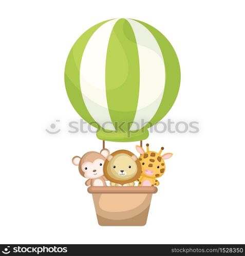 Cute baby animals in the green hot air balloon. Graphic element for childrens book, album, scrapbook, postcard, invitation, mobile game. Flat vector stock illustration isolated on white background.