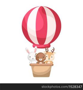 Cute baby animals in the hot air balloon. Graphic element for childrens book, album, scrapbook, postcard, invitation, mobile game. Flat vector stock illustration isolated on white background.