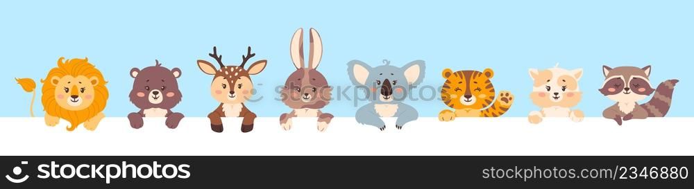 Cute baby animals peeking out, animal characters holding sign. Adorable cat, bear, lion, tiger looking over blank poster vector illustration. Friendly wildlife mammals, cheerful heads. Cute baby animals peeking out, animal characters holding sign. Adorable cat, bear, lion, tiger looking over blank poster vector illustration