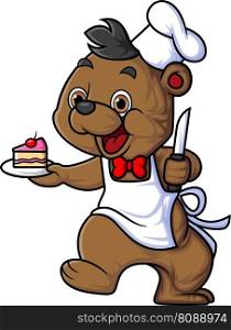 cute baby bear cartoon character wearing chef clothes carrying a slice of birthday cake and a cake knife of illustration