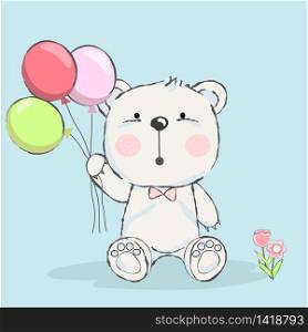cute baby bear with balloon cartoon for t-shirt, print, product, flyer ,patch, fabric, textile,tile,card, greeting fashion,baby, kid, shower, powder,soap, hand drawn style. vector illustration