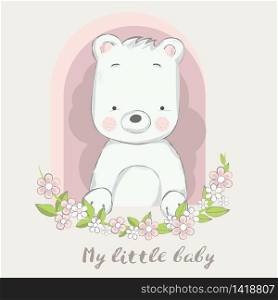 cute baby bear with flower cartoon for t-shirt, print, product, flyer ,patch, fabric, textile,tile,card, greeting fashion,baby, kid, shower, powder,soap, hand drawn style. vector illustration