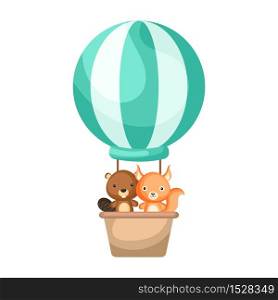 Cute baby beaver and squirrel in the hot air balloon. Graphic element for childrens book, album, scrapbook, postcard, invitation, game. Flat vector stock illustration isolated on white background.