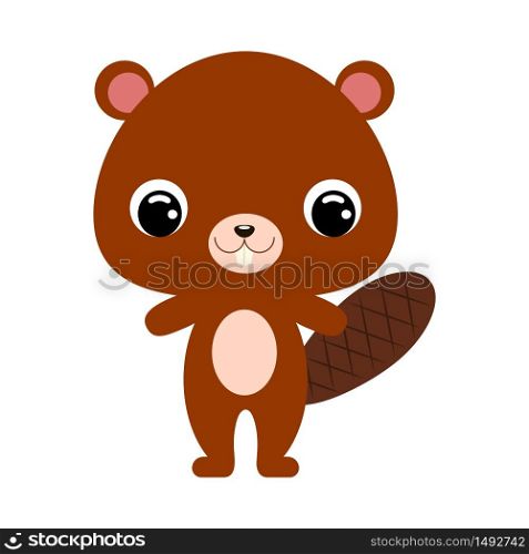 Cute baby beaver. Cartoon character for decoration and design of the album, scrapbook, baby card and invitation. Forest animal. Flat vector stock illustration on white background