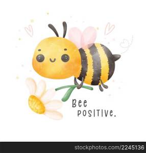 Cute baby bee flying and flower watercolor cartoon character hand painting illustration vector. Bee positive.
